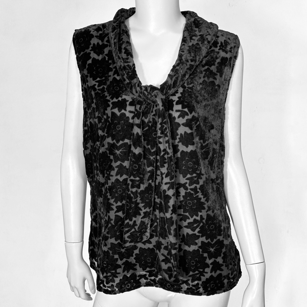 VTG Y2K Velvet Burnout Tie Neck WD.NY Sleeveless Blouse Womens 14 Whimsygoth